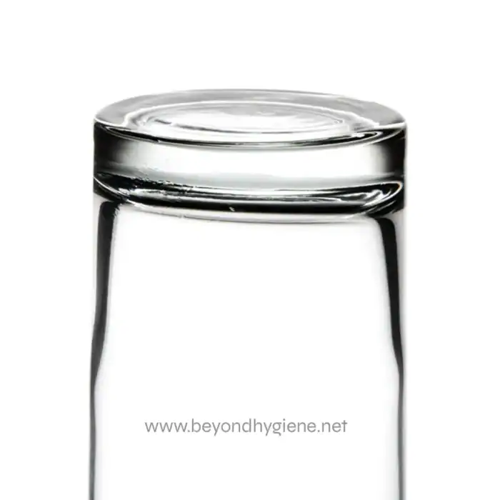 A clear glass jar with a reflective surface showcasing hygiene and cleanliness, emphasizing professional sanitation and hygiene products from Beyond Hygiene Asia.
