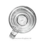 Clear glass mug with water, top view, promoting hygiene and cleanliness in beverage services.