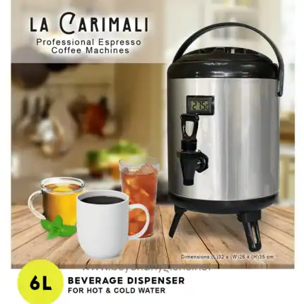 6L beverage dispenser for hot and cold water, stainless steel design, ideal for cafes, offices, and events. Temperature monitor included, measuring 32x26x35 cm. Perfect for efficient hydration solutions.