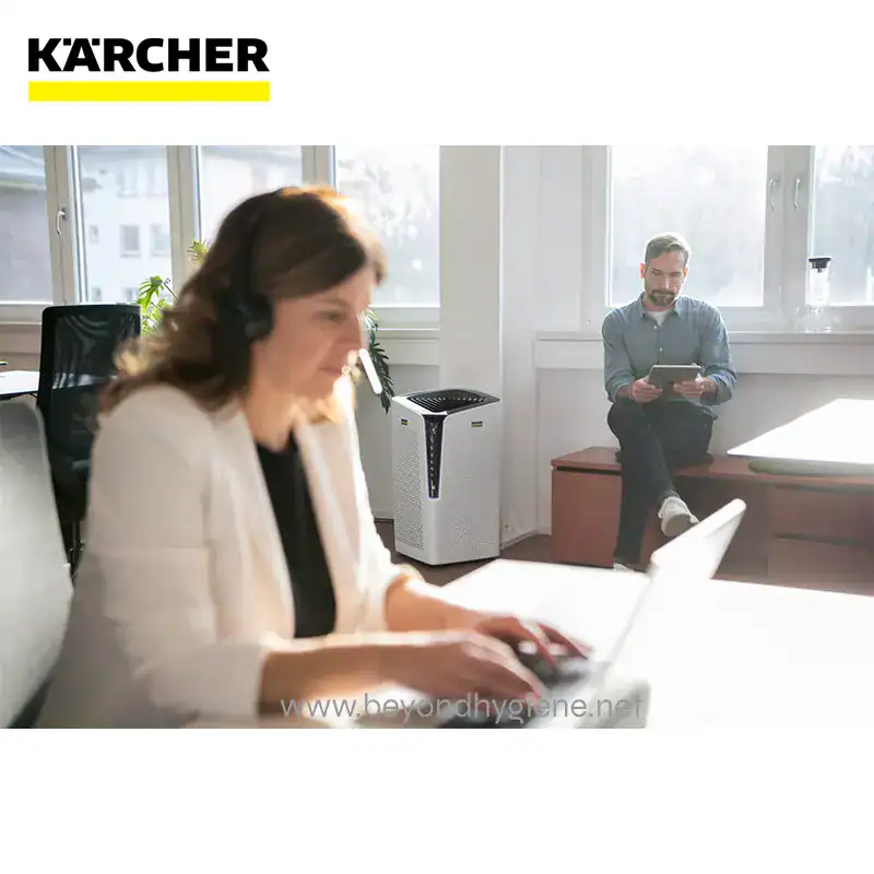 AIR PURIFIER AF 100 H13 (6) Kärcher portable air purifier in office environment, cleaning air and providing a healthier workspace, suitable for commercial spaces focusing on hygiene, air quality, and disinfectant solutions in Asia.