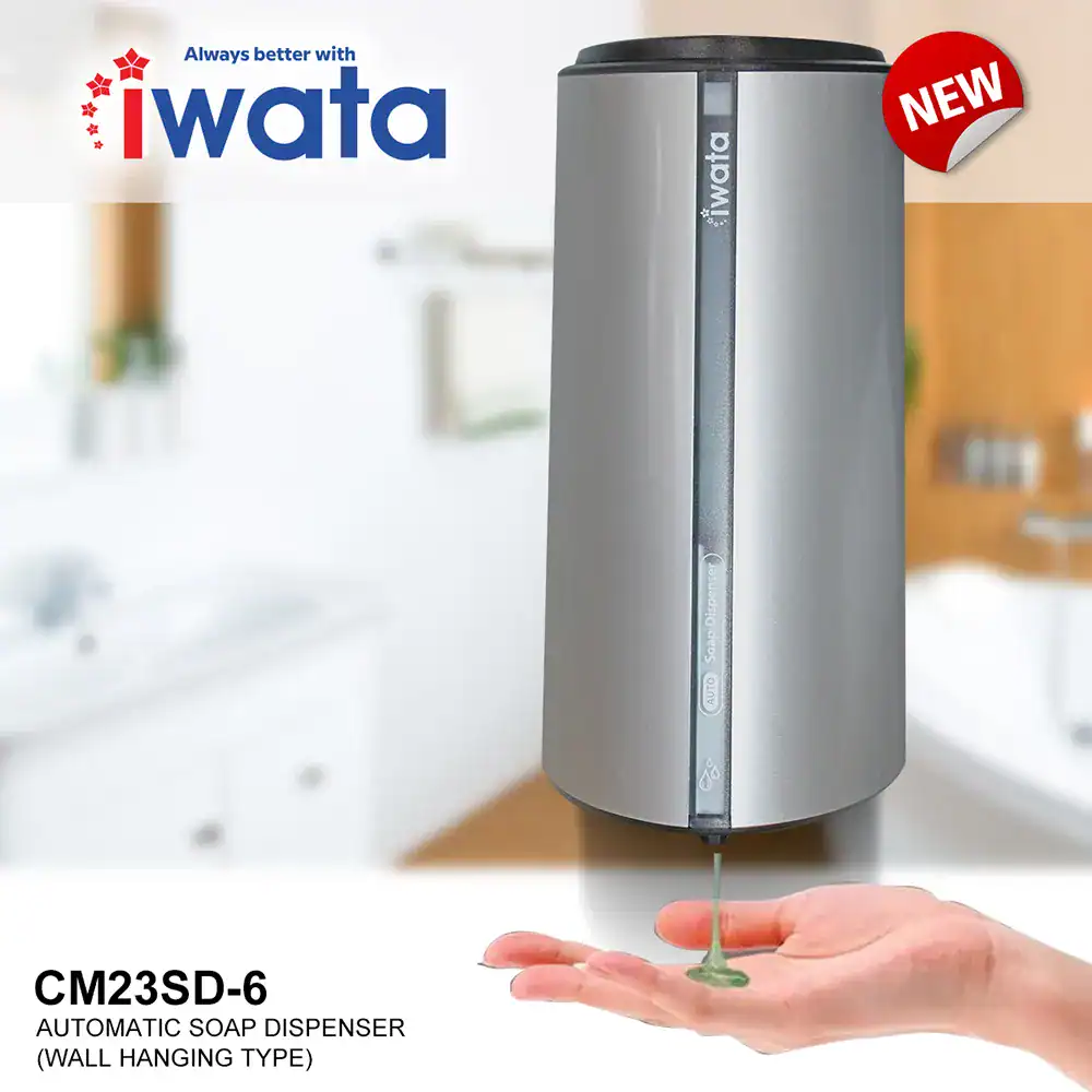 AUTOMATIC HAND SOAP DISPENSER CM23SD-6 (2) IWata automatic soap dispenser wall hanging type for hygienic handwashing, ideal for commercial and healthcare settings, featuring touchless operation and modern stainless steel design.