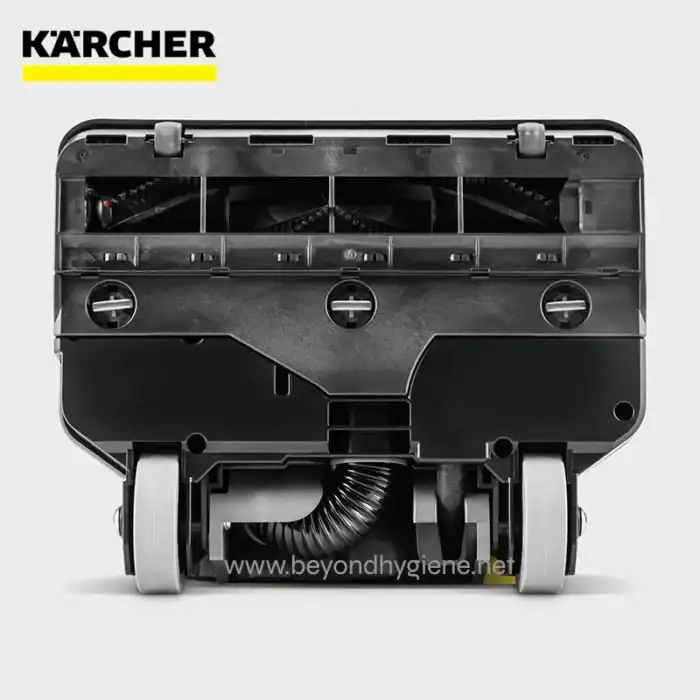 Karcher floor cleaning machine back view, industrial cleaning equipment, black and gray professional cleaning device for commercial use.