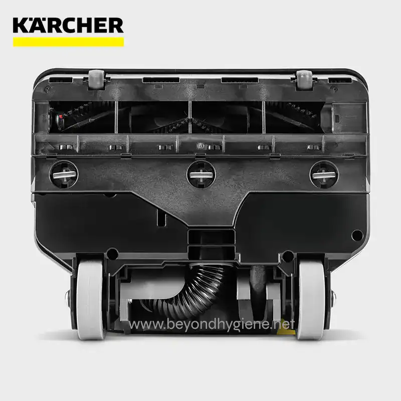 BATTERY POWERED UPRIGHT BRUSH TYPE VAC (1) Karcher floor cleaning machine back view, industrial cleaning equipment, black and gray professional cleaning device for commercial use.