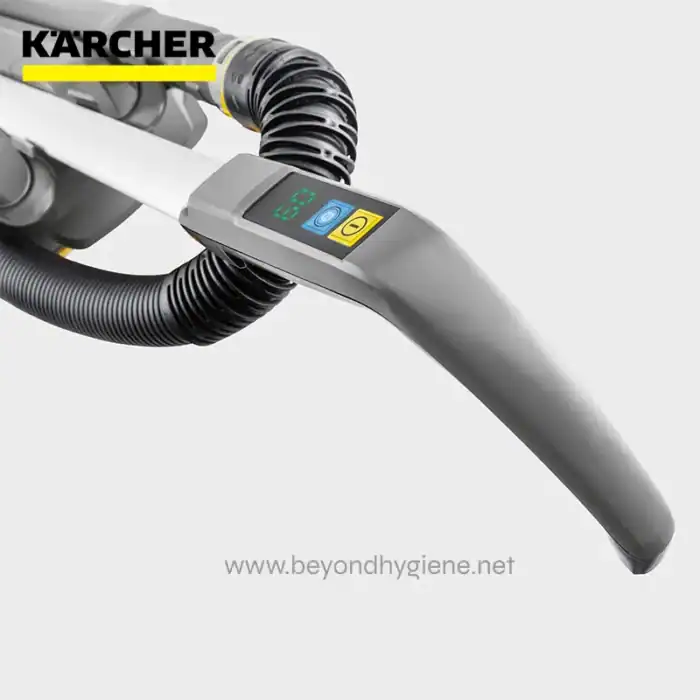 Karcher industrial vacuum cleaner with digital control panel and flexible hose for commercial cleaning.