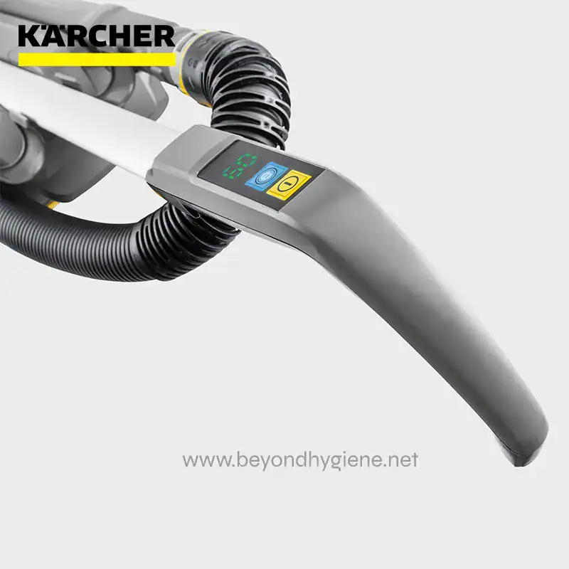BATTERY POWERED UPRIGHT BRUSH TYPE VAC ( (4) Karcher industrial vacuum cleaner with digital control panel and flexible hose for commercial cleaning.