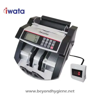 Automatic banknote sorter and counterfeit detection machine by IWATA for currency verification and cash handling.