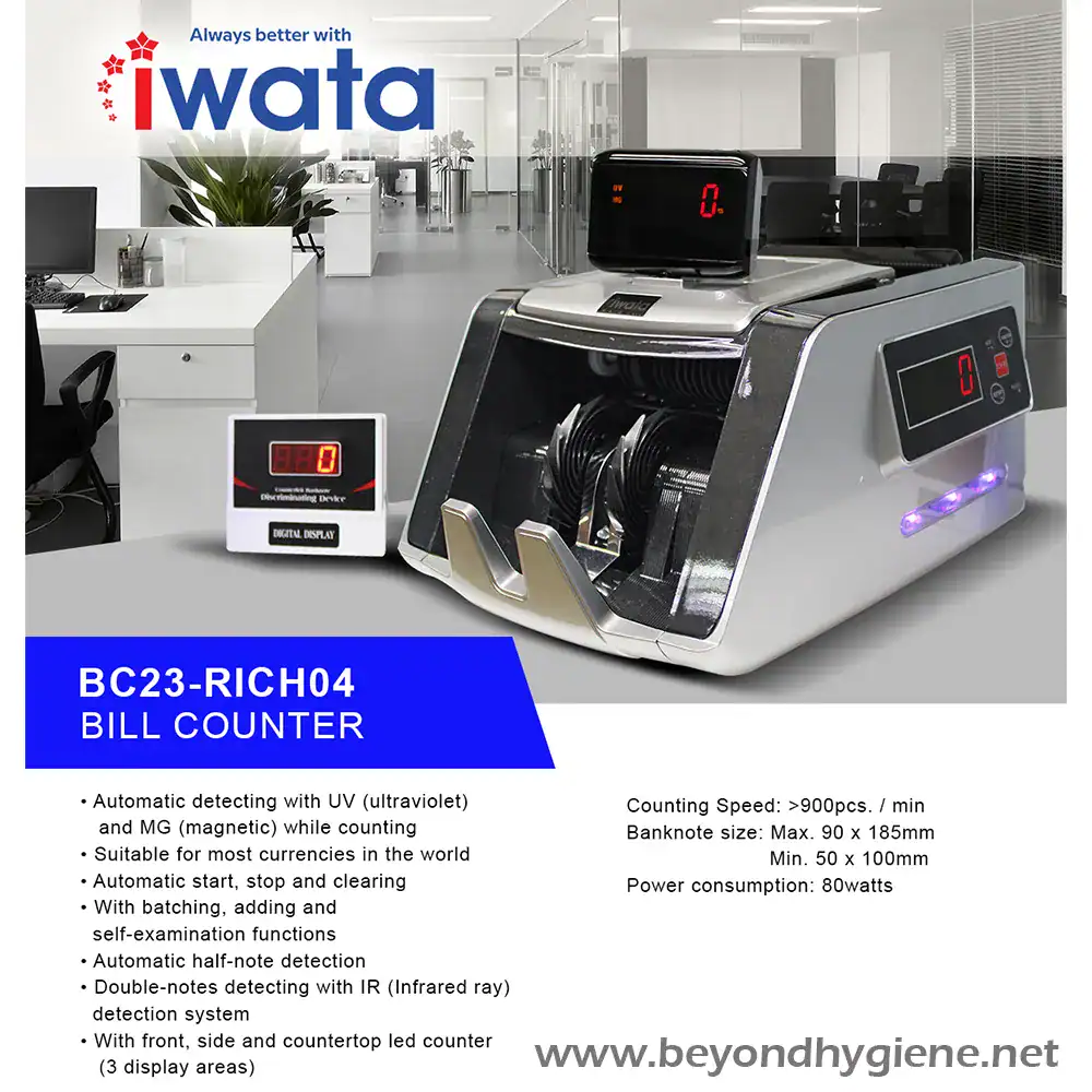 Automatic currency bill counter with UV and MG detection, suitable for international currencies, fast counting speeds, and advanced features like batching and half-note detection.