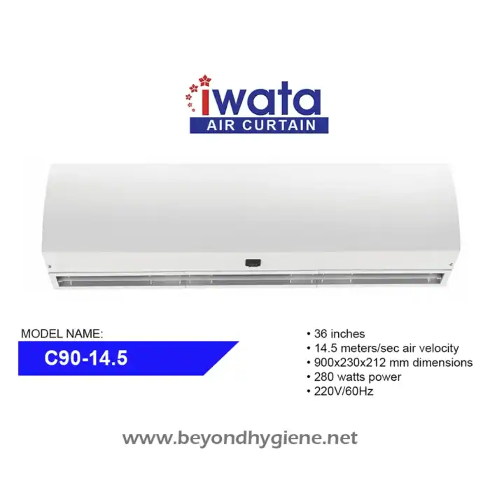 IWATA air curtain model C90-14.5, 36-inch commercial air curtain for hygiene and air control, 220V, 280W, 14.5 meters/sec air velocity, ideal for professional cleaning environments.