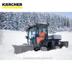 Kärcher snow removal equipment in winter conditions, professional snow plow vehicle on snowy landscape, reliable snow clearing solutions from Beyond Hygiene Asia.
