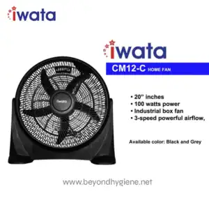 Black Iwata CM12-C home fan with 20-inch blade, 100-watt power, and 3-speed airflow, ideal for industrial and commercial spaces, available in black and grey.