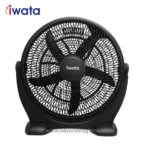Fan with black blades and grille, branded iWata, on a white background - used for cooling and air circulation in hygienic and hygienically controlled environments.