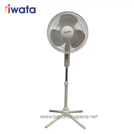 Iwata standing electric fan for commercial and industrial use in hygiene facilities.