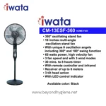 I wata home fan front view, black, 16-inch oscillating stand fan with remote control, infrared, 6 oscillation angels, 3 wind modes, timer, LED indicator, durable and energy-efficient design, ideal for home cooling solutions.