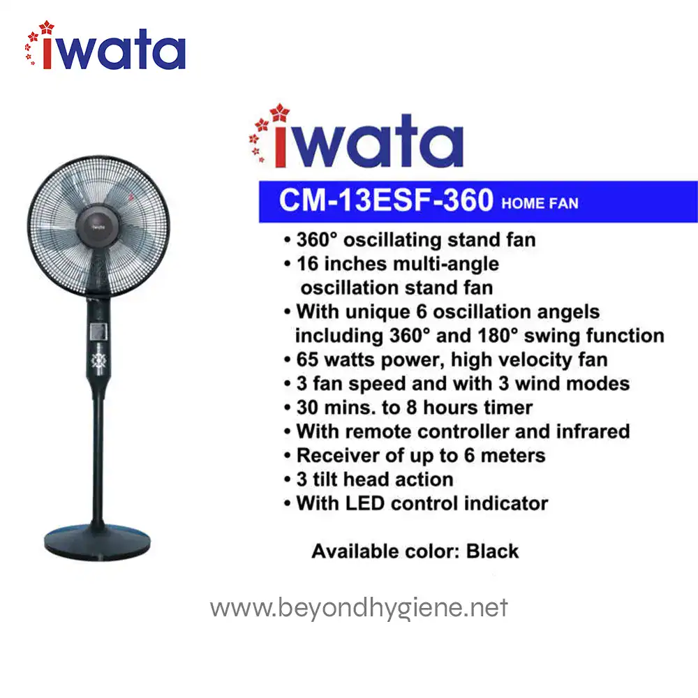 CM13ESF-360 ELECTRIC FAN (1) I wata home fan front view, black, 16-inch oscillating stand fan with remote control, infrared, 6 oscillation angels, 3 wind modes, timer, LED indicator, durable and energy-efficient design, ideal for home cooling solutions.