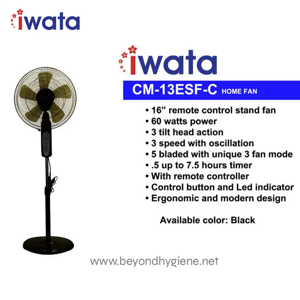 CM13ESF-C ELECTRIC FAN (1) 16-inch black home stand fan with remote control and multiple adjustable settings for efficient air circulation and modern ergonomic design.