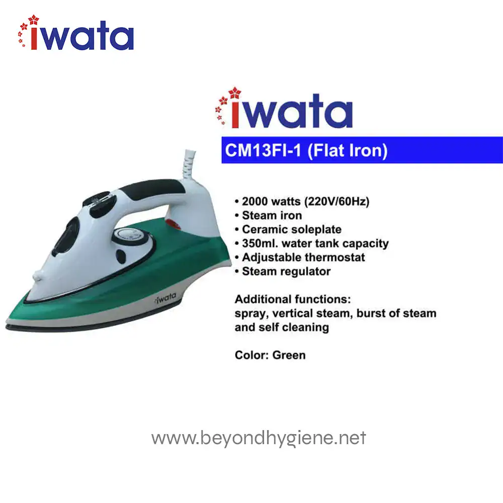 CM13FI-1 (Flat Iron) (1) Iwata steam iron with ceramic soleplate and adjustable thermostat, ideal for professional garment steaming, available in green from Beyond Hygiene Asia.