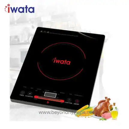 Induction cooktop with iWata branding, sleek black design, digital controls, ideal for modern kitchen cooking, promoting efficient and safe cooking solutions by Beyond Hygiene Asia.
