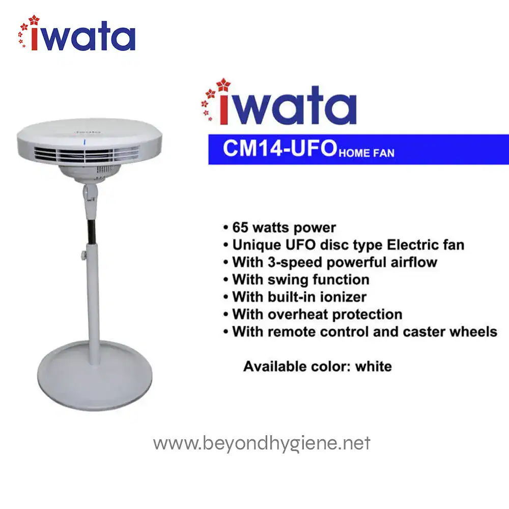 CM14-UFO ELECTRIC FAN (1) IWata CM14-UFO Home Fan, white, with 3-speed airflow, swing function, built-in ionizer, and remote control, designed for home comfort and air circulation.