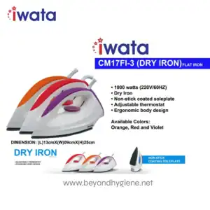I-wata dry iron with adjustable thermostat and ergonomic design, available in orange, red, and violet, ideal for home and commercial use - beyond hygiene asia products for cleaning and maintenance.