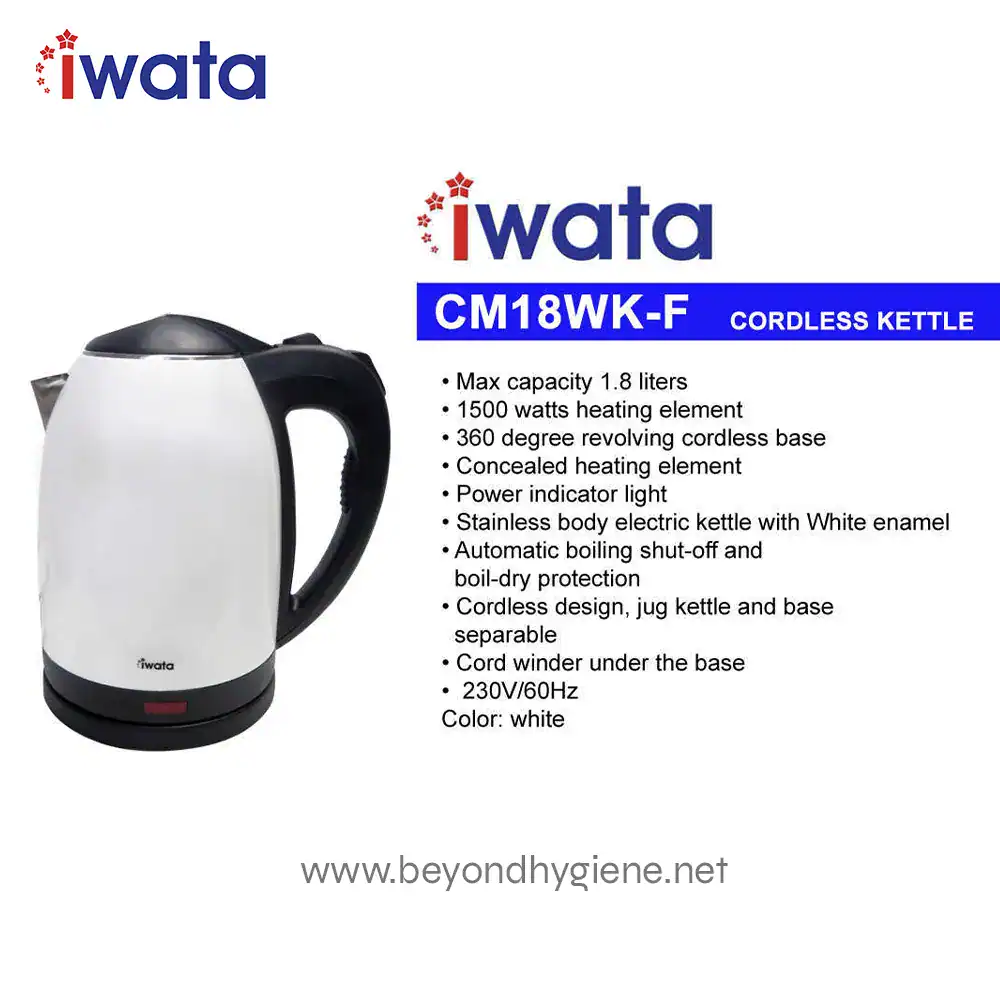 CM18WK-F (Cordless Kettle) ELECTRIC KETTLE (1) Steel electric kettle with white enamel, cordless base, 1.8-liter capacity, and 1500W heating element, ideal for efficient boiling and hot water preparation in commercial and domestic settings.
