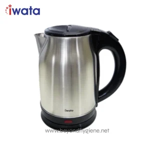 Stainless steel electric kettle with black handle and base, ideal for office and home use, promoting hygienic boiling water solutions in Asia.