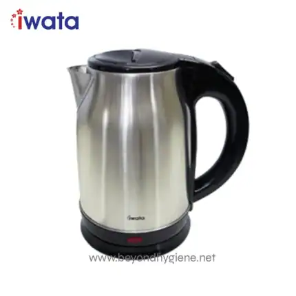 Stainless steel electric kettle with black handle and base, ideal for office and home use, promoting hygienic boiling water solutions in Asia.