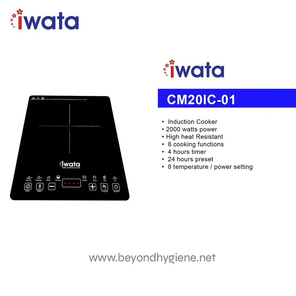 CM20IC-01 Induction Cooker (2) Induction cooker from Beyond Hygiene Asia with 2000 watts power, high heat resistance, 8 cooking functions, four-hour timer, 24-hour preset, and adjustable temperature and power settings.