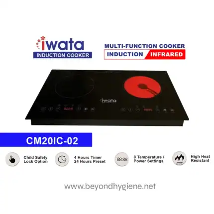 Multifunction Iwata induction cooktop with infrared heating, child safety lock, 4-hour timer, adjustable temperature, high heat resistance, suitable for commercial and home kitchen use.