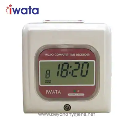 Digital clock with Iwata branding, showcasing reliable timekeeping, ideal for hospitality and healthcare sanitation environments. Perfect for maintaining hygiene standards in Asian markets.