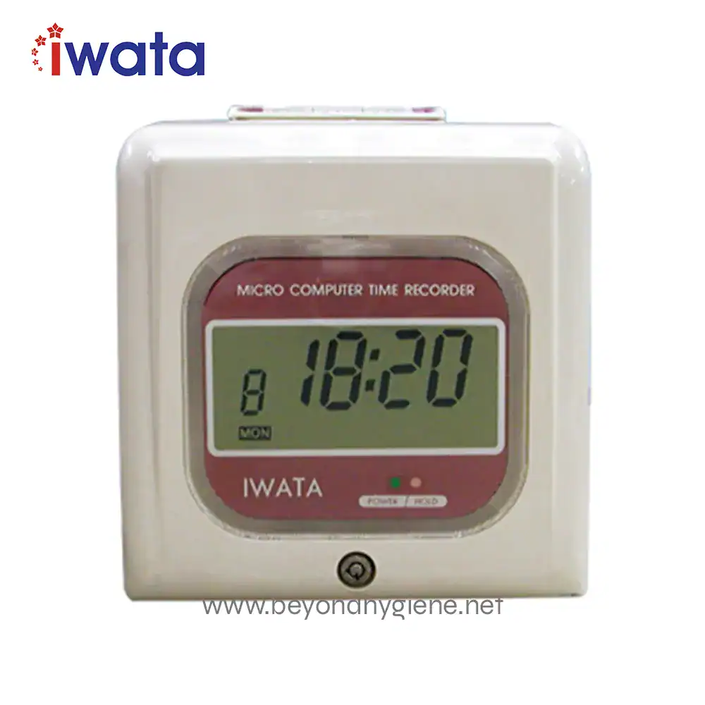 Digital clock with Iwata branding, showcasing reliable timekeeping, ideal for hospitality and healthcare sanitation environments. Perfect for maintaining hygiene standards in Asian markets.