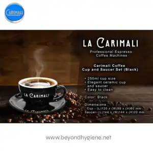 Carimali coffee cup and saucer set in black, made of elegant ceramic with a 250ml capacity, easy to clean, perfect for professional espresso coffee machines, ideal for coffee shops and cafes.
