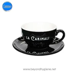 Carimali black and white coffee cup and saucer with "La Carimali" logo, emphasizing coffee and hospitality essentials for hygiene-focused cafes.