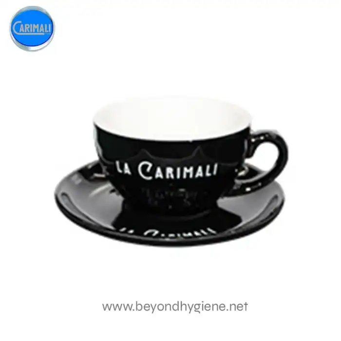 Carimali black and white coffee cup and saucer with "La Carimali" logo, emphasizing coffee and hospitality essentials for hygiene-focused cafes.