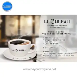 Ceramic white coffee cup and saucer set by La Carimali, ideal for professional espresso machines, featuring elegant design, 250ml capacity, and easy cleanup, perfect for cafes and offices.