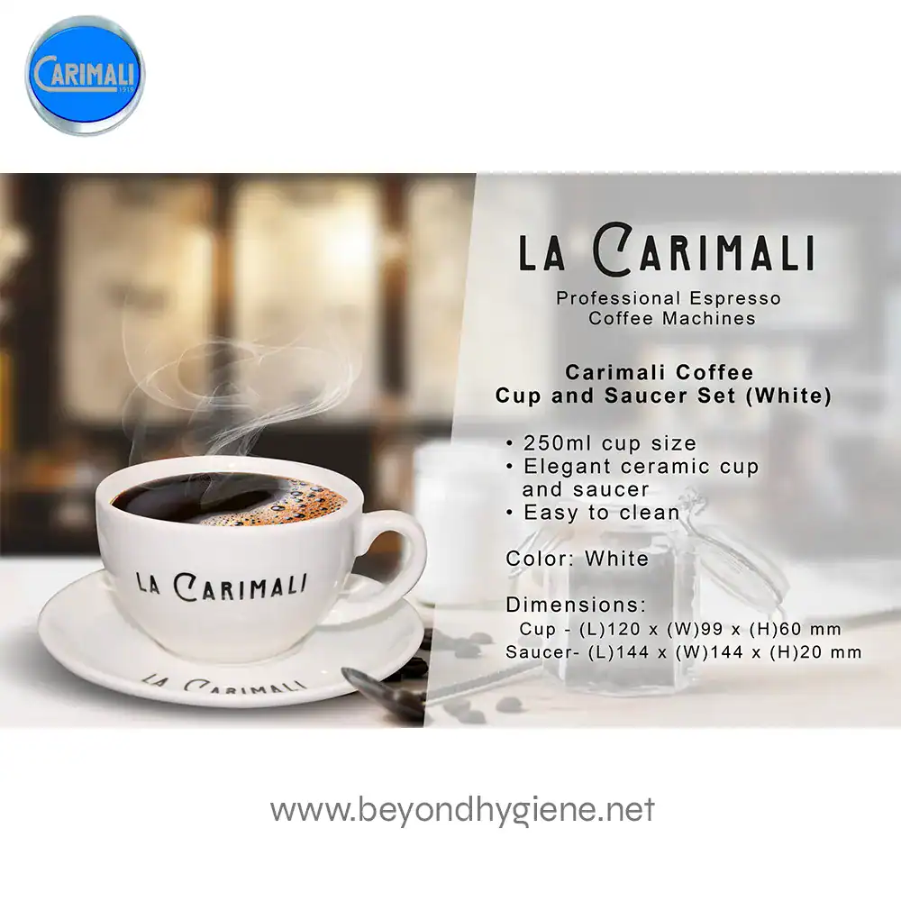 Carimali Coffee Cup and Saucer Set (White) (1) Ceramic white coffee cup and saucer set by La Carimali, ideal for professional espresso machines, featuring elegant design, 250ml capacity, and easy cleanup, perfect for cafes and offices.
