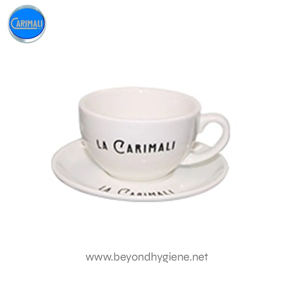 Carimali Coffee Cup and Saucer Set (White) (2) Carimali branded coffee cup and saucer, white ceramic, promotional coffee set, branded office or cafe drinkware, Beyond Hygiene Asia, high-quality hospitality supplies.