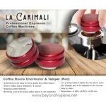 Coffee bean distributor tamper red for professional espresso coffee machines, sturdy stainless steel, easy to clean, suitable for baristas, durable coffee accessories for cafes and home use.
