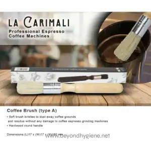 Bristle coffee brush for cleaning coffee grounds from espresso machines, with a hardwood round handle, ideal for professional baristas and coffee enthusiasts seeking maintaining hygiene and equipment.