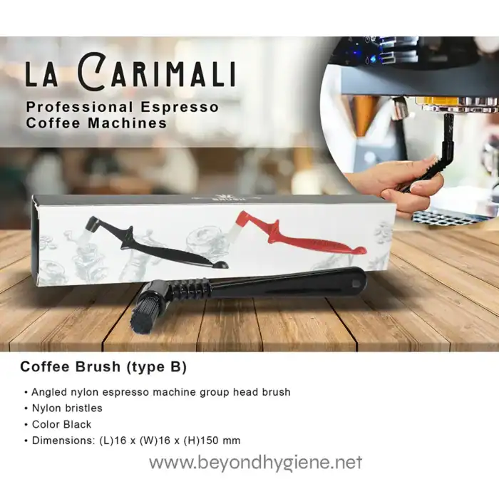 Flexible nylon espresso machine group head brush for coffee cleaning, black color, compact size, ideal for maintaining professional coffee machines.