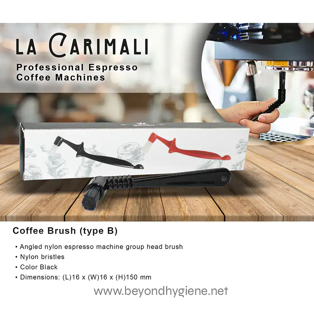 Coffee Brush (type B) (1) Flexible nylon espresso machine group head brush for coffee cleaning, black color, compact size, ideal for maintaining professional coffee machines.