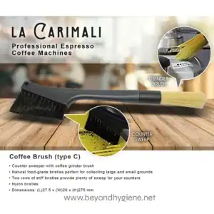 Counter cleaner brush for espresso machines, with natural bristles to sweep coffee grounds; stainless steel and nylon components, 27.5 cm long, ideal for commercial and home use.