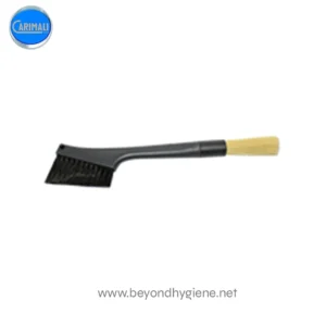 Black dustpan brush with wooden handle for cleaning floors and surfaces.
