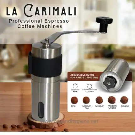 Freshly ground coffee beans being processed with professional espresso coffee machine parts, emphasizing precision and quality for cafe or home barista use.