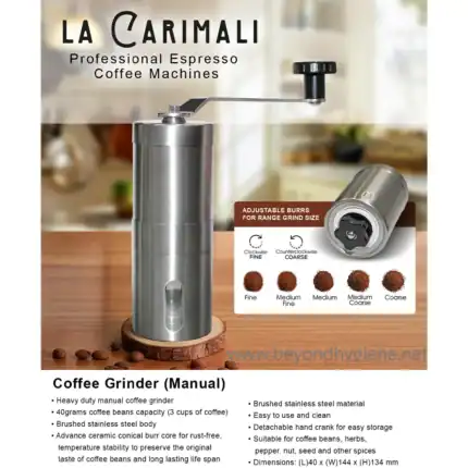 Coffee grinder, manual stainless steel conical burr, heavy duty, for brewing fresh coffee at Beyond Hygiene Asia, durable kitchen accessory, optimized for home and commercial use.