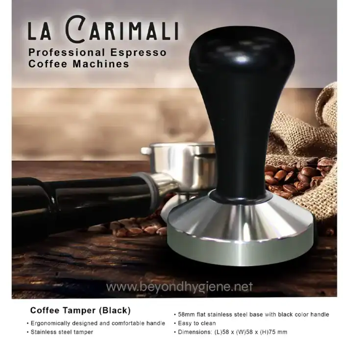Coffee tamper black for espresso coffee machines, featuring ergonomic handle and stainless steel build, ideal for baristas and coffee enthusiasts.