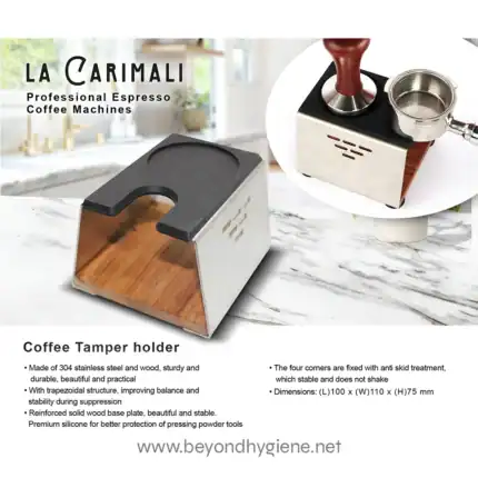 - Stainless steel and wood coffee tamper holder for espresso coffee machines, anti-skid design, durable and stable.