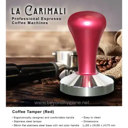 Tamper coffee stamp machine with red handle, stainless steel base, ergonomic design, easy to clean, ideal for coffee shop branding and quality control.