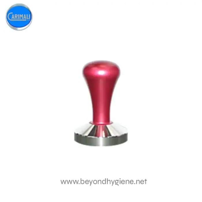 Carimali red espresso tamper for coffee machines, essential barista accessory for consistent coffee brewing, available at Beyond Hygiene Asia.