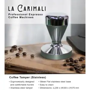 Stainless steel coffee tamper with ergonomic handle, 58mm flat base, easy to clean, professional espresso machine accessory from Beyond Hygiene Asia.