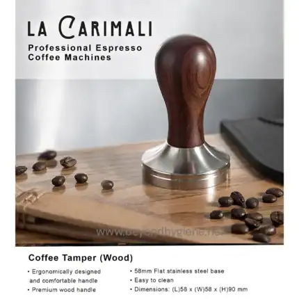 Coffee tamper wood for professional espresso machine, ergonomic design with premium wooden handle, stainless steel base, easy to clean, ideal for coffee shop baristas and home espresso brewing.
